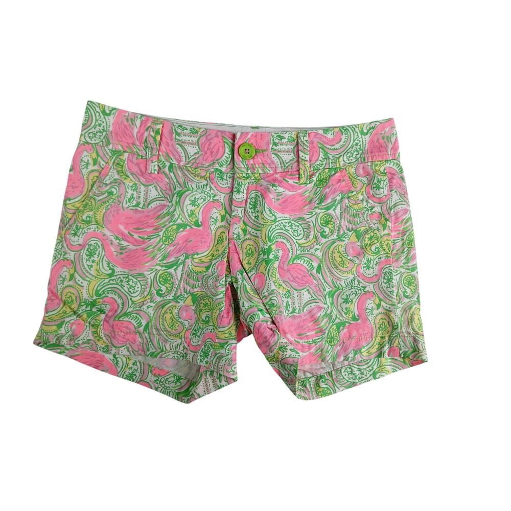 Lilly Pulitzer Callahan Shorts Womens Size 0 Green Flamingo 100% Cotton Pattern
